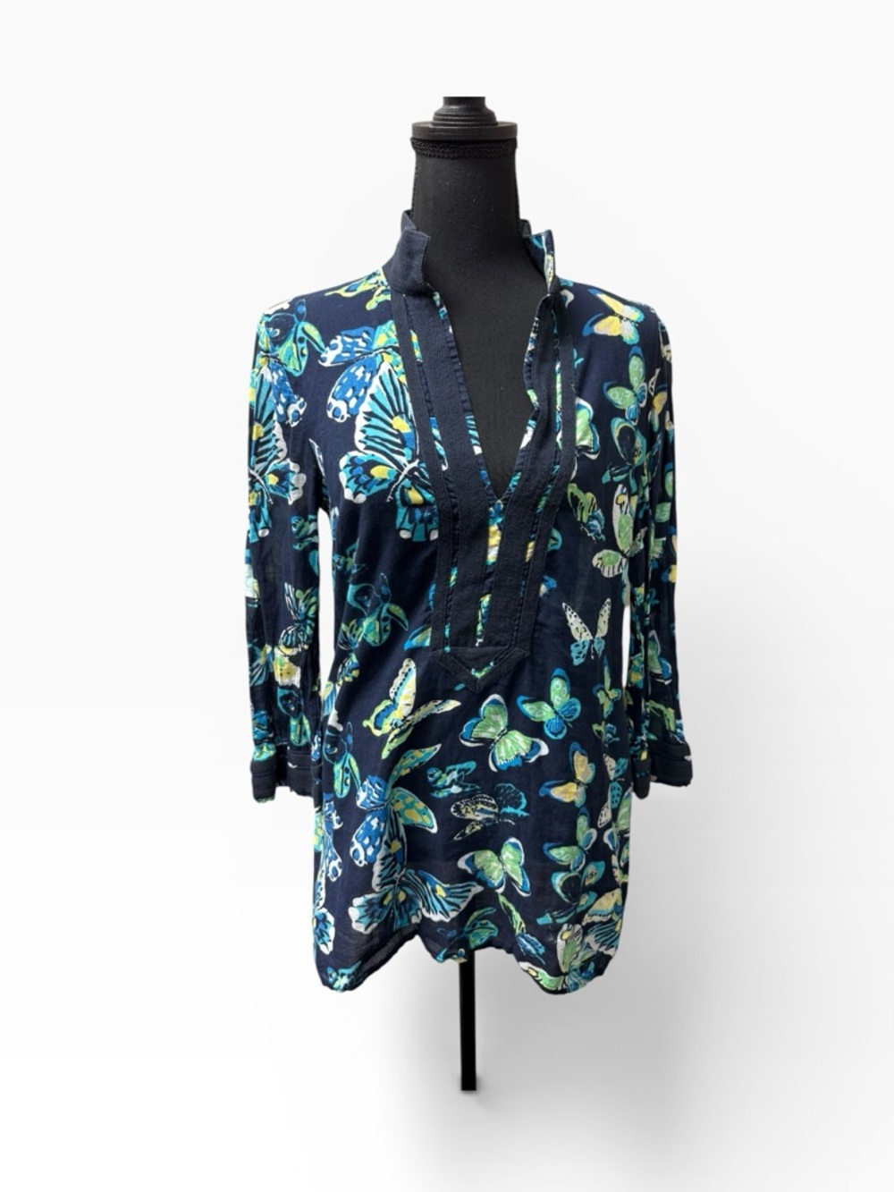 Tory Burch Butterfly Print Tunic Navy Green Silk Blend Boho Top Sz 10